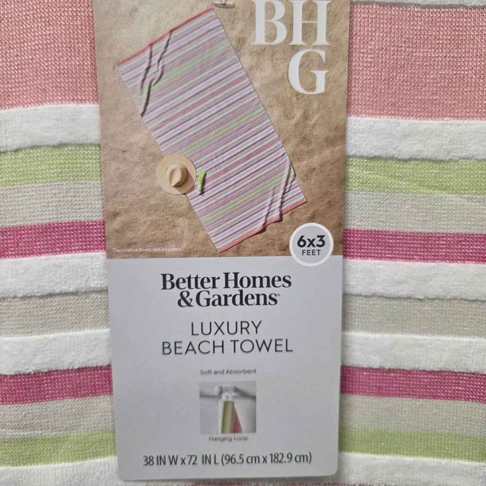Better Homes & Gardens Luxury Beach Towel Pink Green St. Tropez Stripe 38x72 NEW